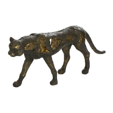 19" x 7" Bronze Polystone Distressed Textured Leopard Sculpture with Cutouts and Gold Accents, by DecMode
