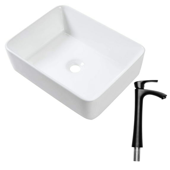 19"x15" Ceramic Vessel Sink With Matte Black Faucet, Bathroom