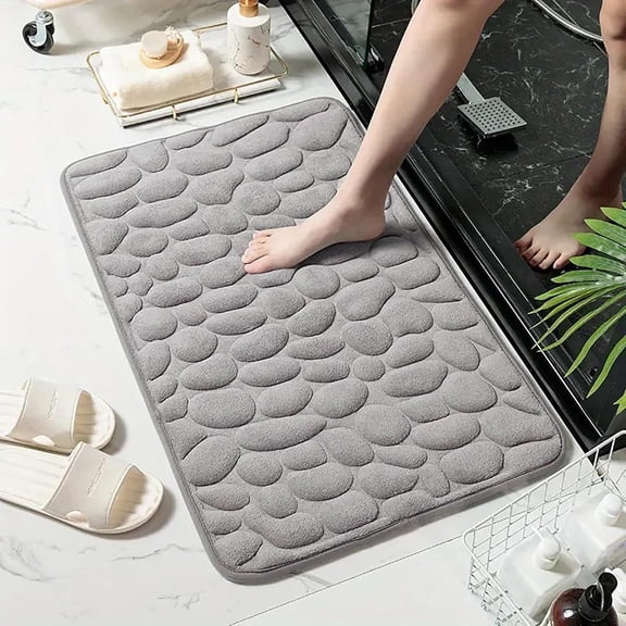 19"x31" Non-Slip Memory Foam Bath Mat - Cobblestone Embossed Quick Dry Shower Mat (Gray)Z