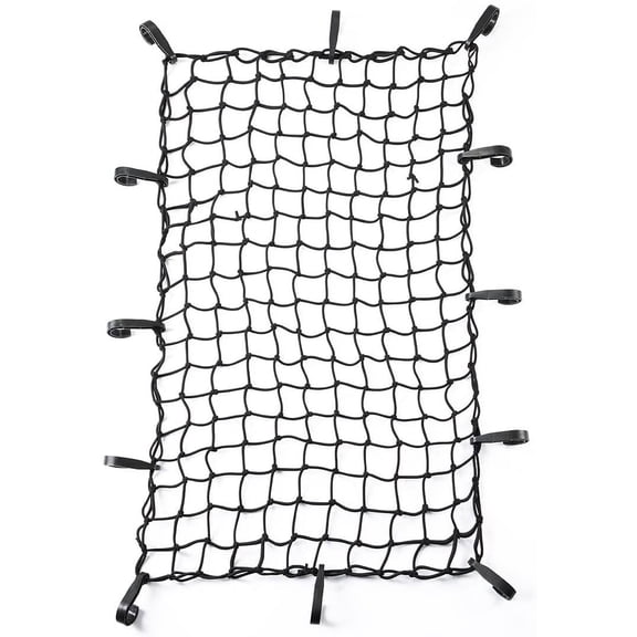 19"x35" Black Latex Bungee Cargo Net Strech to 44"x76", Luggage Netting with 2"X2" Small Mesh and 12 Adjustable Plastic Hooks for Rooftop Cargo Carrier Roof Rail Rack Hitch Basket SUV