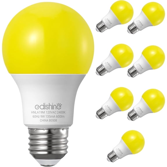 19 yellow light bulbs, 9 watts (60 watts equivalent), 600 lumens 2400 amber outdoor insect-repelling light bulbs, non-dimmable, 26 medium base, certified, 8 pack