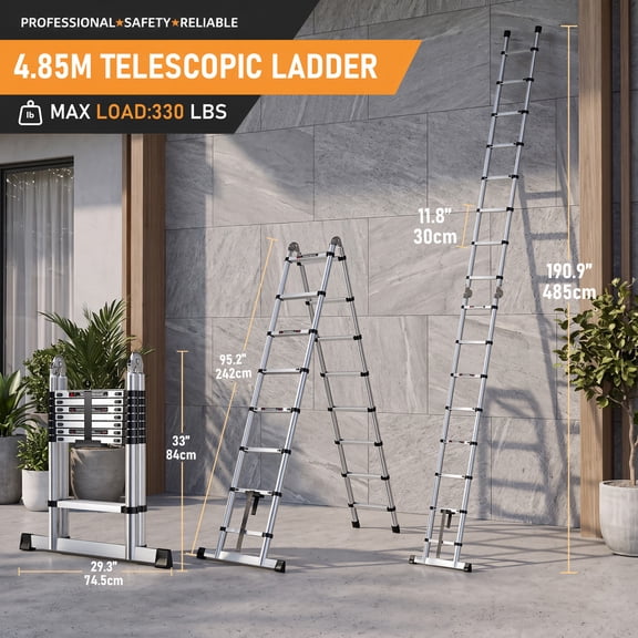 190.9 Inch Multi-Purpose A-Frame Multi-Position A-Frame Folding Ladder, Heavy-Duty Steel Construction, Safe & Stable Climbing, Foldable & Space-Saving Design, Versatile for Indoor & Outdoor Use
