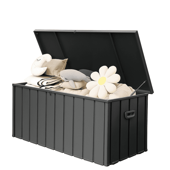 190 Gallon Metal Deck Box, Waterproof Lockable Steel Outdoor Box, Large Patio Furniture Storage Cabinet with Moveable Wheels, Garden Tools and Pools Equipment, Dark Grey