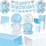 190 Pcs Blue Bow Birthday Decorations KKS1&nbsp;Serves 24, Plates And Napkins Cups Knifes Forks Banner Tablecloth Balloons Bow Theme Tableware for Girls Bachelorette Party Decor