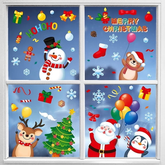 190 Pcs Stereoscopic Effect Christmas Window Clings, Double-Sided Printed Santa Claus Snowflake Window Stickers, Self Adhesive Window Decal Decoration for Xmas Holiday Winter Party