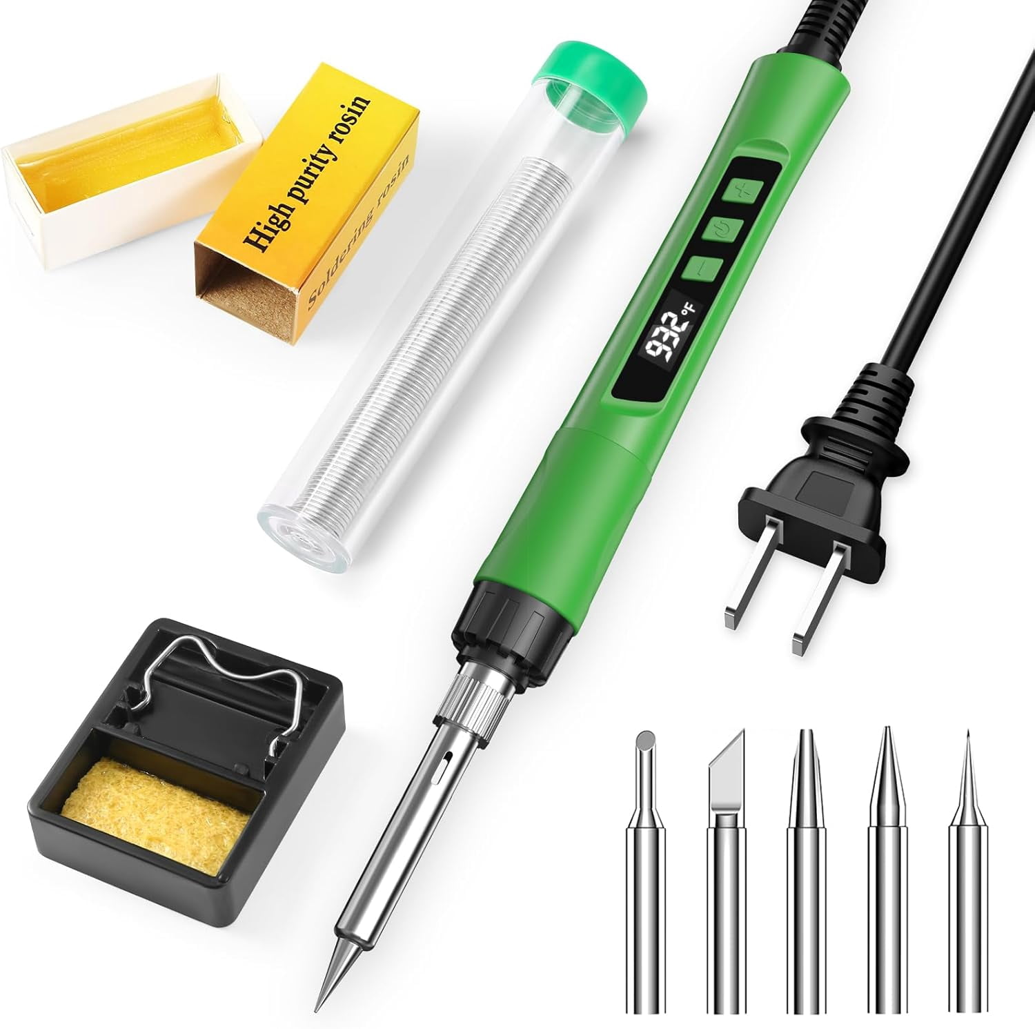 190 soldering iron set, 110 electronic soldering set, adjustable temperature 356-932℉, including solder wire, tweezers, stand, sponge and solder paste, military green
