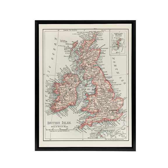 1900 British Isles Map Rand Mcnally Vintage Black Framed Canvas Wall Art 12X16"
