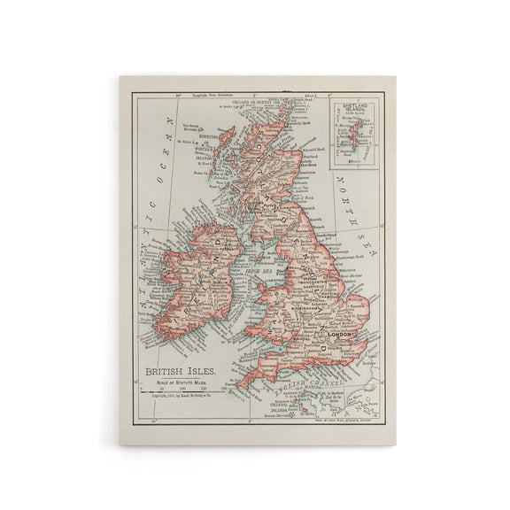 1900 British Isles Map Rand Mcnally Vintage Canvas Wall Art 24X32"