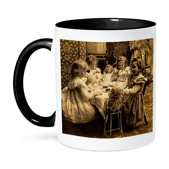 1900 Four Sisters Having A Tea Party With Their Dolls Vintage, 15oz Two-Tone Black Mug
