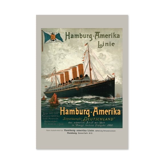 1900 Hamburg Amerika Line Vintage Style Ocean Liner Travel Poster, Classic Collection Wall Art Decor , Poster Print Only