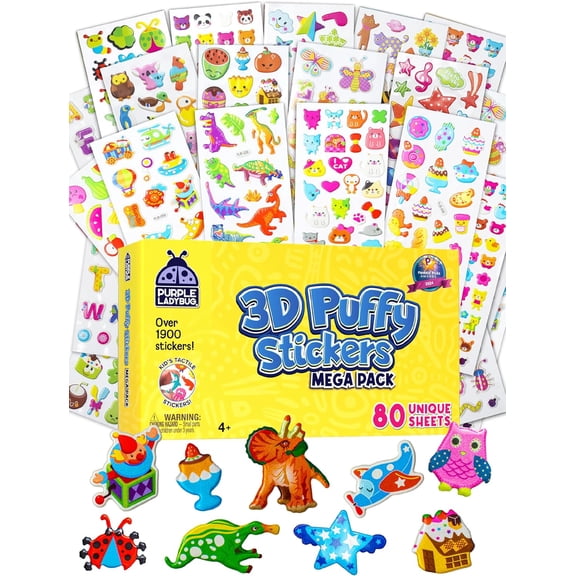 1900+ Puffy Sticker Collection for Kids 4-8 - 80 Unique Reusable Sheets, Creative 3D Designs - Reward Stickers, Arts & Crafts Set, Travel Activities, Road Trip Essentials & Toys