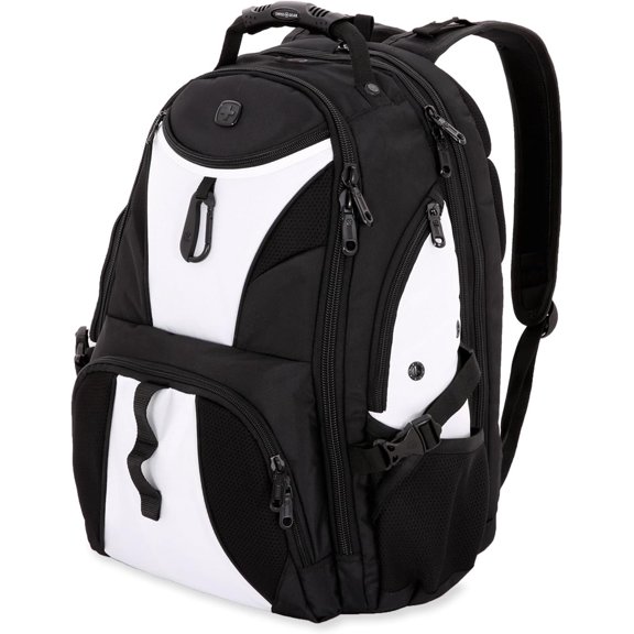 1900 ScanSmart 17" Laptop Backpack White/Black - Reflective Tech Backpack with ScanSmart Compartment - Multiple Organizer Pockets & RFID Scan Blocking Technology