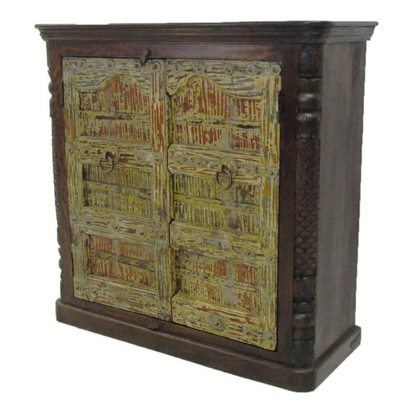 1900s Antique Door Upcycled 50" Tall Distressed Solid Wood Cabinet | Rustic Farmhouse Style Two Tone Colored Door Armoire | Carved Closet
