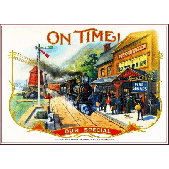 1902 On Time! Locomotive Smoke Vintage Cigar Tobacco Box Crate Inner Print Home Decor Office Wall Art