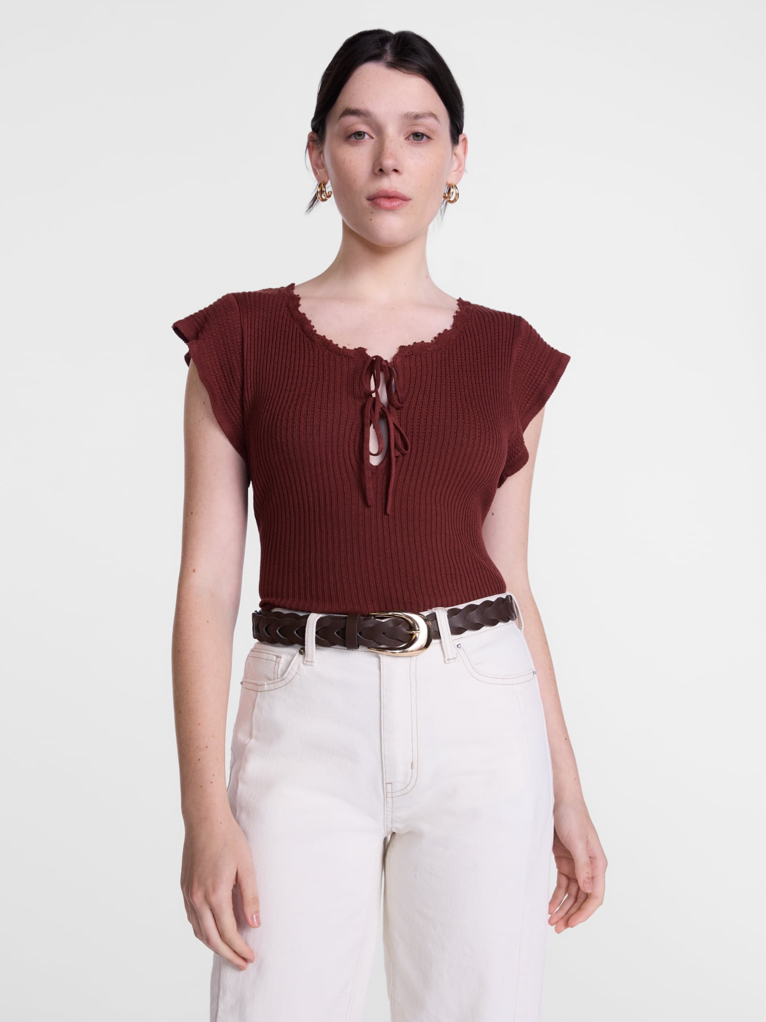 Scenario Women's Tank Sweater with Short Flutter Sleeves, Lightweight, Sizes XS-XXXL