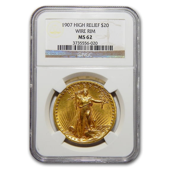 1907 $20 Saint-Gaudens Gold High Relief Wire Rim MS-62 NGC