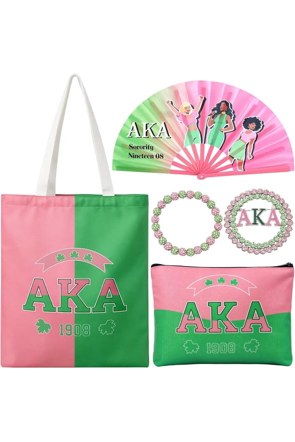 1908 AKA Sorority Set Custom Tote Bag Makeup Bag Clacking Fan Rhinestone Brooch Beaded Bracelet Green Greek Paraphernalia Bundle AKA Sisterhood
