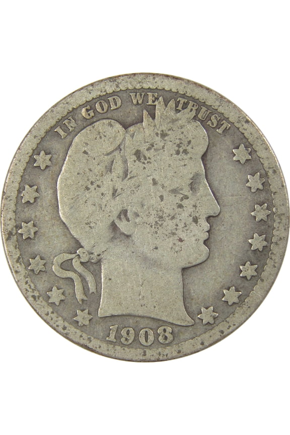 1908 Barber Quarter G Good Silver 25c Coin