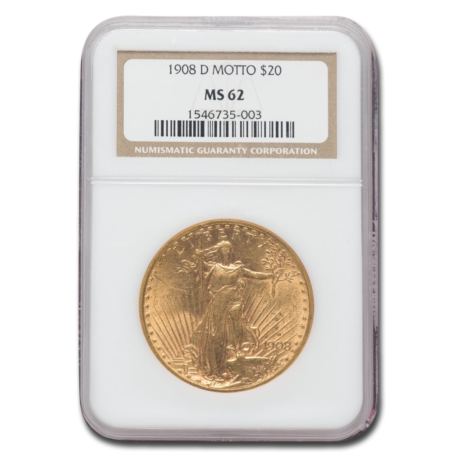 1908-D $20 St Gaudens Gold w/Motto MS-62 NGC