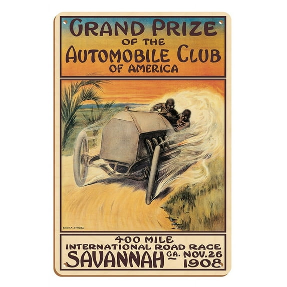 1908 Savannah Georgia 400 Mile International Road Race - Automobile Club of America - Vintage Car Racing Poster by Malcolm A. Strauss - 8 x 12 inch Vintage Wood Art Sign