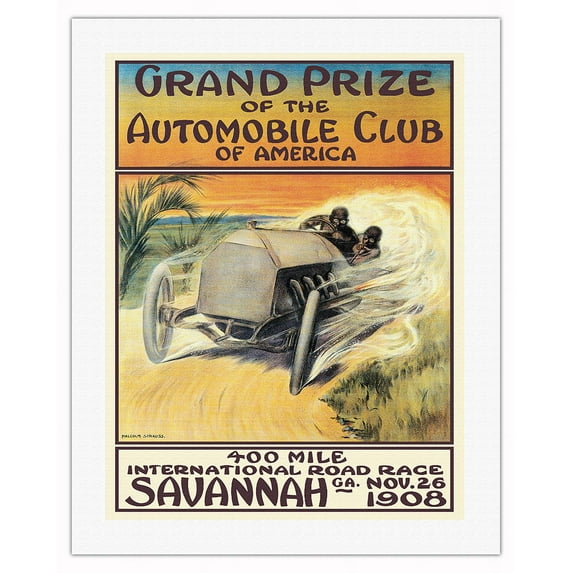 1908 Savannah Georgia 400 Mile International Road Race - Automobile Club of America - Vintage Car Racing Poster by Malcolm A. Strauss - Fine Art Rolled Canvas Print 20in x 26in