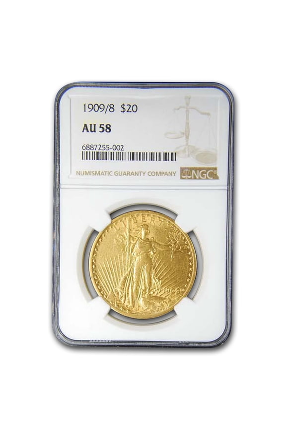 1909/8 $20 St Gaudens Gold Double Eagle AU-58 NGC