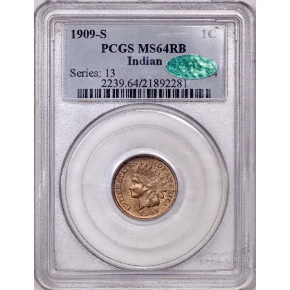 U.S. Mint Indian Head Cent 1909-S Numismatic PCGS MS64 RB CAC Key Date 1 Count