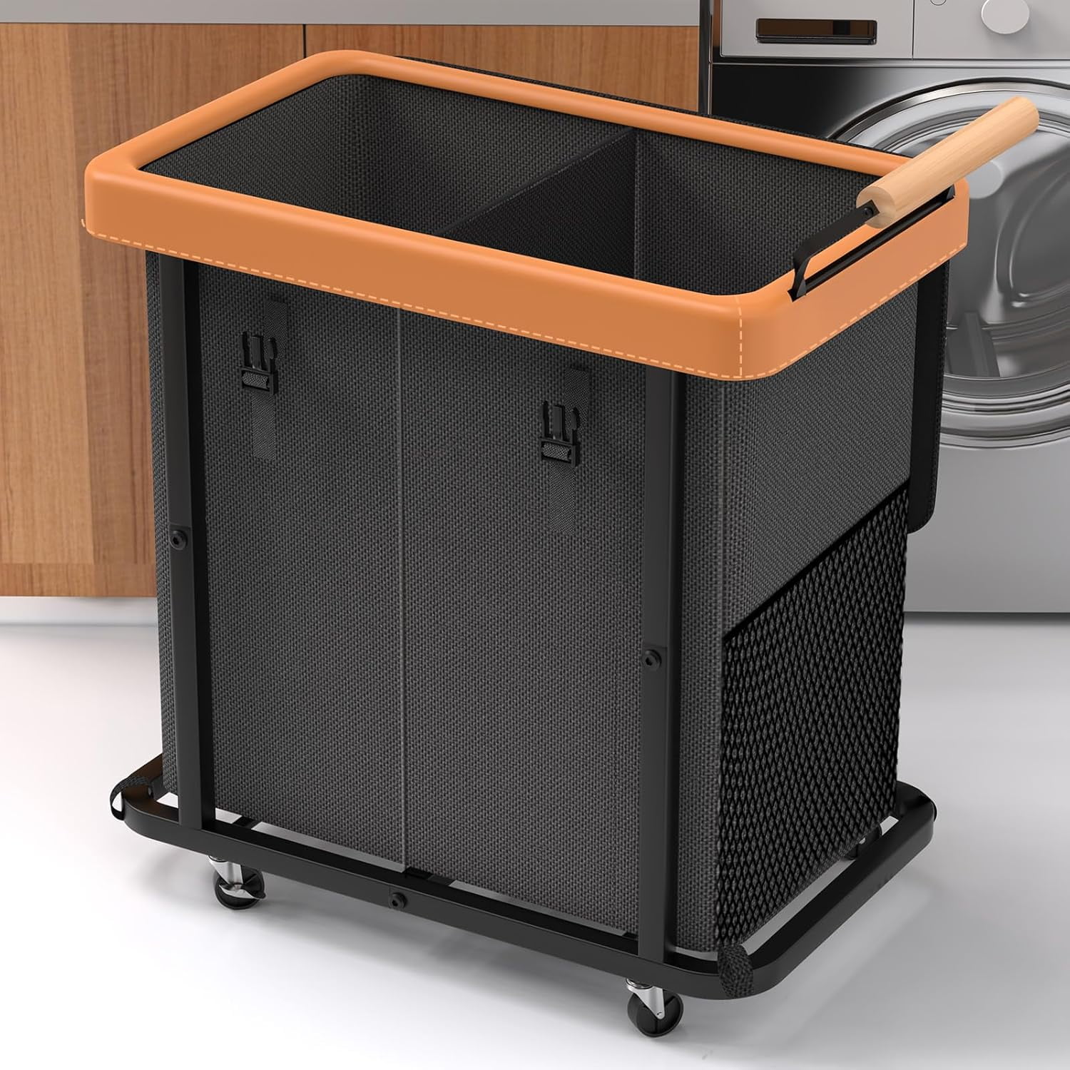 190L (50 Gal) Extra Large Laundry Hamper 2 Section with Lid, Rolling Laundry Basket Hamper with Handle, Laundry Organizer Storage Cart with Sturdy Metal Frame for Laundry Room, Hotel, black