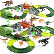 Dinosaur Track Vehicle Playset for Kids 225 Pcs Flexible Race Tracks, 1 Electric Dino Car with Light, 8 Dino Figures, Dinosaur Tunnel Gift for Ages 3 8