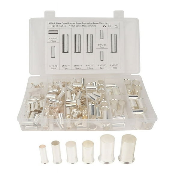 190 Pcs (AWG 8 6 4 2 1 2/0) 2/0-8 Gauge Wire Ferrules Kits Plated Copper Crimp Connector Ferrules Pin Cord End