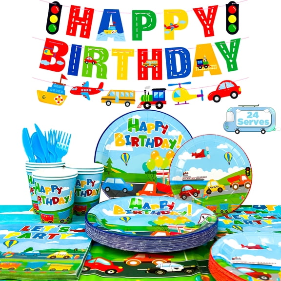 190Pcs Transportation Party Supplies Set, Kids Vehicle Birthday Decor Kit with Banner, Tablecloth, Plates, Cups and Napkins, Perfect for Train Bus Car Birthday Party