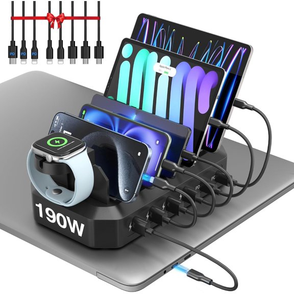 190W Station for Multiple Devices?Efficient & Safe ? 6 Port USB Charger Station - Family Multi-Device Organizer Dock Compatible with /Android/MacBook/iPad/Tablet