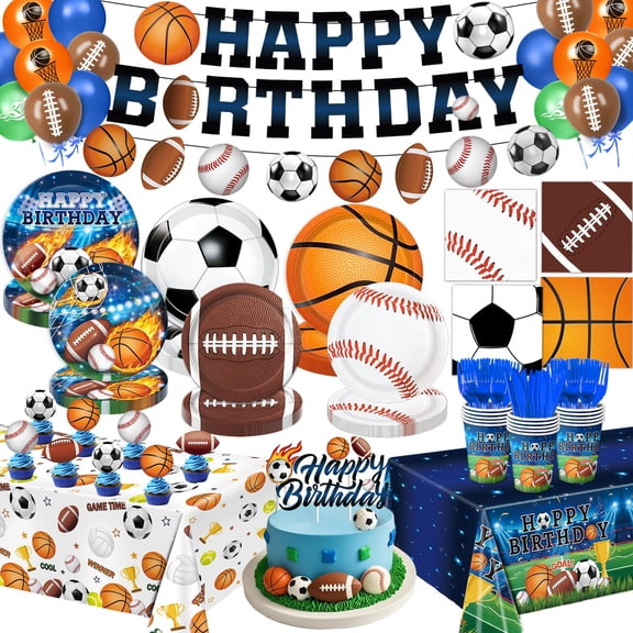 191 PCS Sports Birthday Party Decorations Includes Plates, Napkins, Cups, Knives, Forks, Banner, Cake & Cupcake Toppers, Tablecloth for Sports Themed Party Decorations, Serves 24 Y114