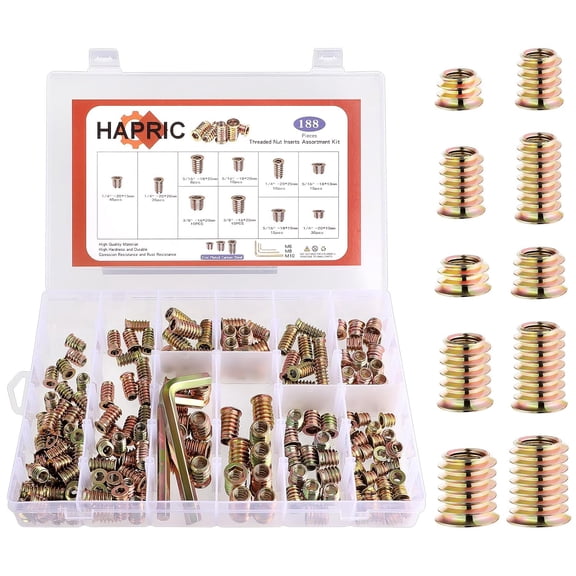 191 PCS Threaded Inserts for Wood, 1/4"-20, 5/16"-18, 3/8"-16 Threaded Wood Inserts Furniture Screw Assortment, Wood Threaded Inserts with Hex Wrench