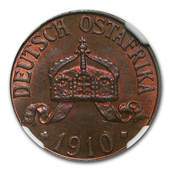 1910-J German East Africa Bronze 1 Heller MS-65 NGC (Red-Brown)
