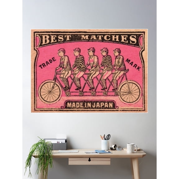 1910 Japanese Tandem Bicycle Matchbox Label Poster Wall Art, Modern Wall Decor For Living Room Bedroom, 12x18 UNFRAMED