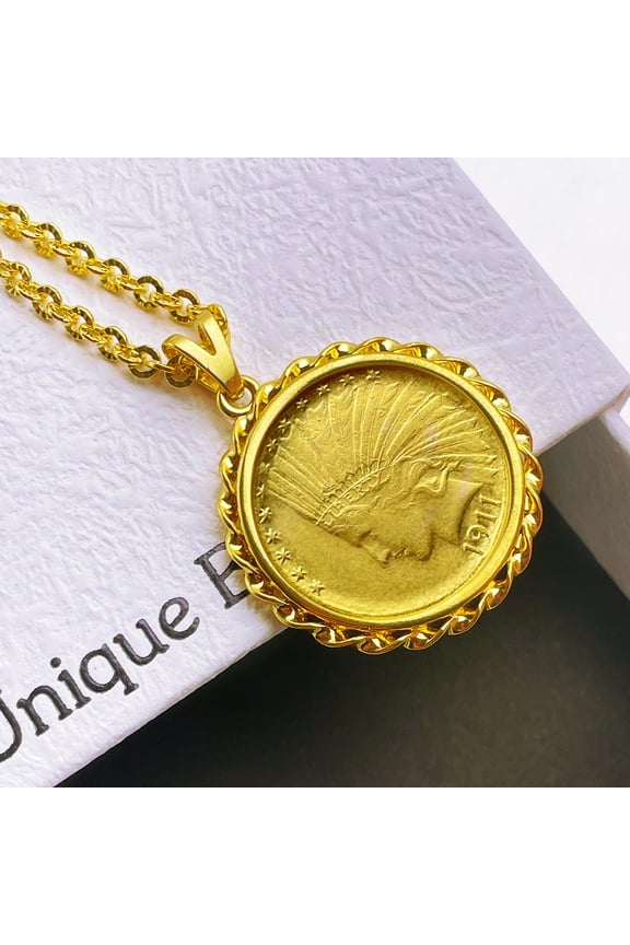 1911 Indian Head Coin Pendant Necklace Brass Medallion & Gold-Plated Titanium Steel Chain, Retro Vintage Jewelry for Men and Women with Gift Box
