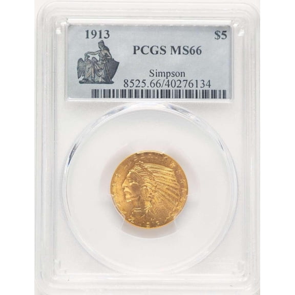 1913 $5 Indian Gold Half Eagle Coin PCGS MS66 - HAT910656001