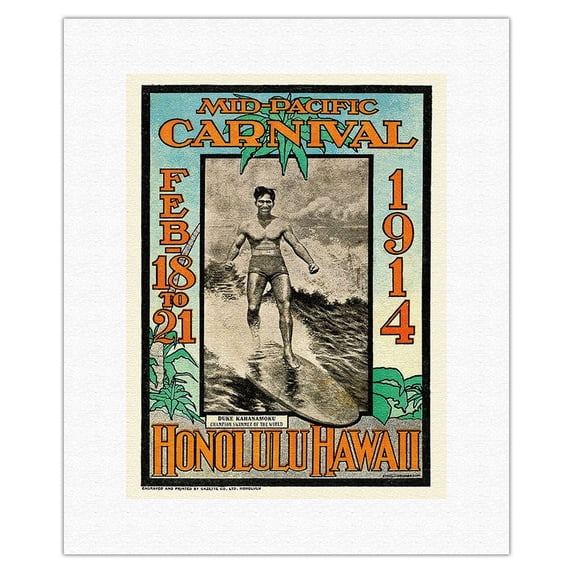 1914 Mid-Pacific Carnival - Duke Kahanamoku - Honolulu Hawaii - Vintage Travel Poster by Lew Henderson, Ned Steel c.1914 - Fine Art Rolled Canvas Print 11in x 14in