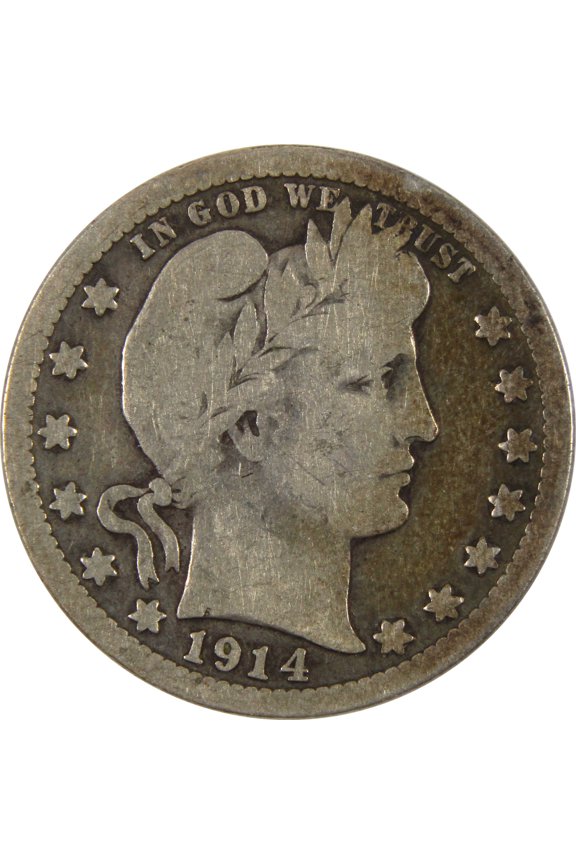 1914 S Barber Quarter VG Very Good 90% Silver 25c Coin SKU:I8734