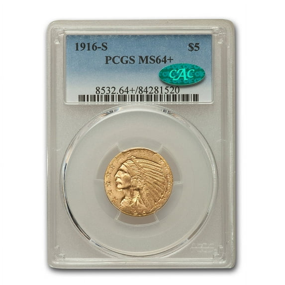 1916-S $5 Indian Gold Half Eagle MS-64+ PCGS CAC