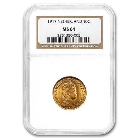 1917 Netherlands Gold 10 Gulden Wilhelmina MS-64 NGC