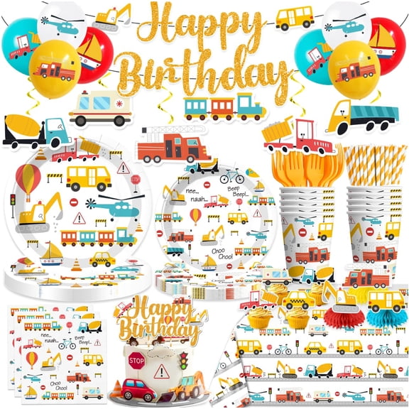 191Pcs Transportation Birthday Decorations Tableware Set Serves 25 Guests, Cars Birthday Decorations Include Banner, Plates, Tablecloth and Balloons, Truck Party Supplies for Boy A101