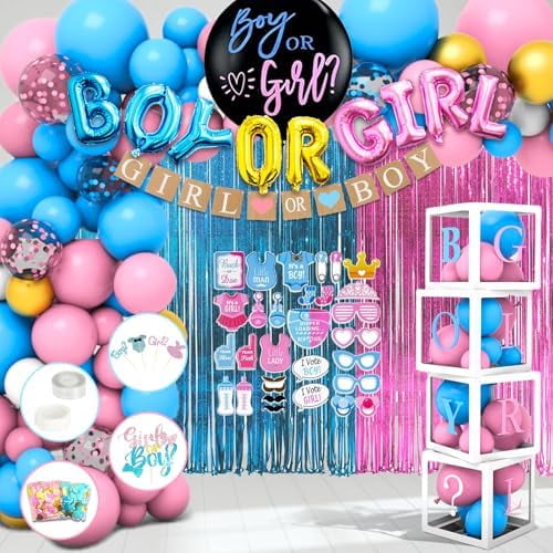 191pcs Pink Blue Gender Reveal Decorations, Boy or Girl Gender Reveal with Balloon Arch Kit, Baby Boxes, Fringe Curtains, Photo Props, Cake Copper$$Home Decor, Kitchen, & Other