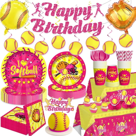 191pcs Softball Birthday Party Decorations for 25 Guests  Disposable Tableware Set with Banner, Cake Cupcake Toppers, 350gsm Plates, Cups, Napkins, Tablecloth Easy Assembly Softball Party