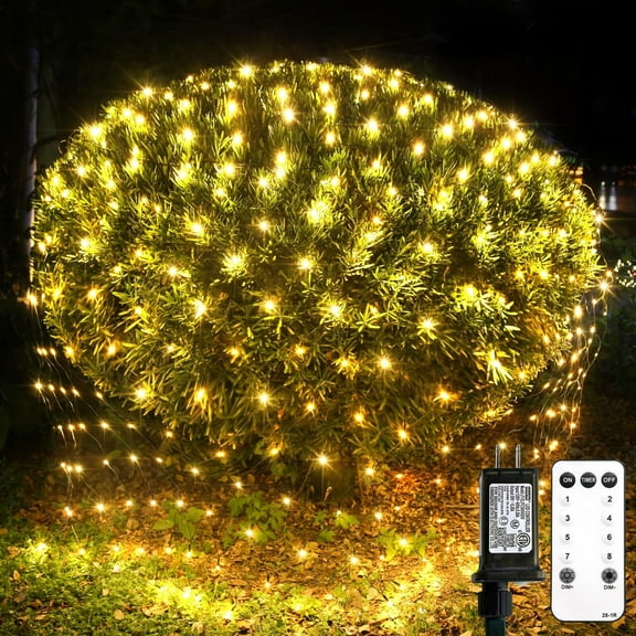 192 LED Christmas Net Lights, 12ft x 5ft String Lights with Remote, Waterproof Connectable Green Wire for Bushes, Trees, Christmas Decoration, Warm White