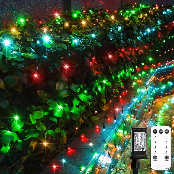 192 LED Christmas Net Lights, 12ft x 5ft String Lights with Remote, Waterproof Connectable Green Wire for Bushes, Trees, Christmas Decoration, Warm White