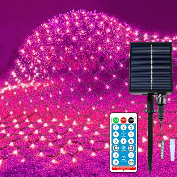 Solar Net Lights, 192LEDs 9.8ft x 6.6ft Mesh Fairy Lights with 8 Modes, Remote Control, Waterproof Outdoor Solar Powered Fairy Net Lights for Halloween Bushes Tree Lawn Garden Decor (Pink)
