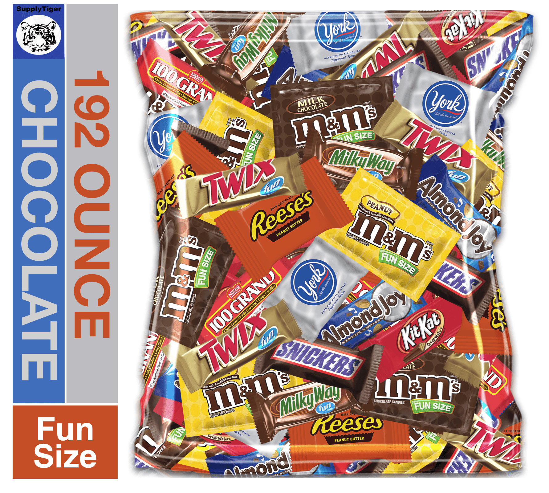 (192 Ounce) Variety Assortment Mix Bulk Pack Chocolate M&M's, Snickers, Milky Way, Twix, Reese's, York, 100 Grand, Almond Joy, Kitkat
