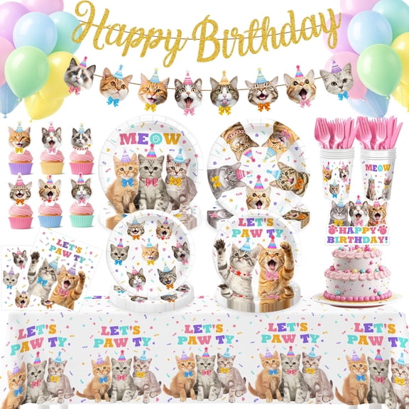 192 Pcs Cat Birthday Paper Plates Tableware Set (Serves 24), Cat Birthday Party Supplies Include Banner Plates Napkins Cups Forks Knives Tablecloth Topper Balloons For Party Supplies VT4